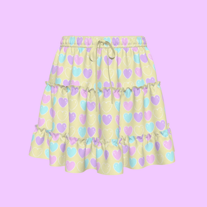 Sweet Love Hearts Yellow Waist Tie Tiered Ruffle Mini Skirt