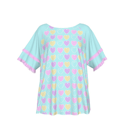 Sweet Love Hearts Blue Round Neck Raglan Sleeve Ruffle Frill T-Shirt
