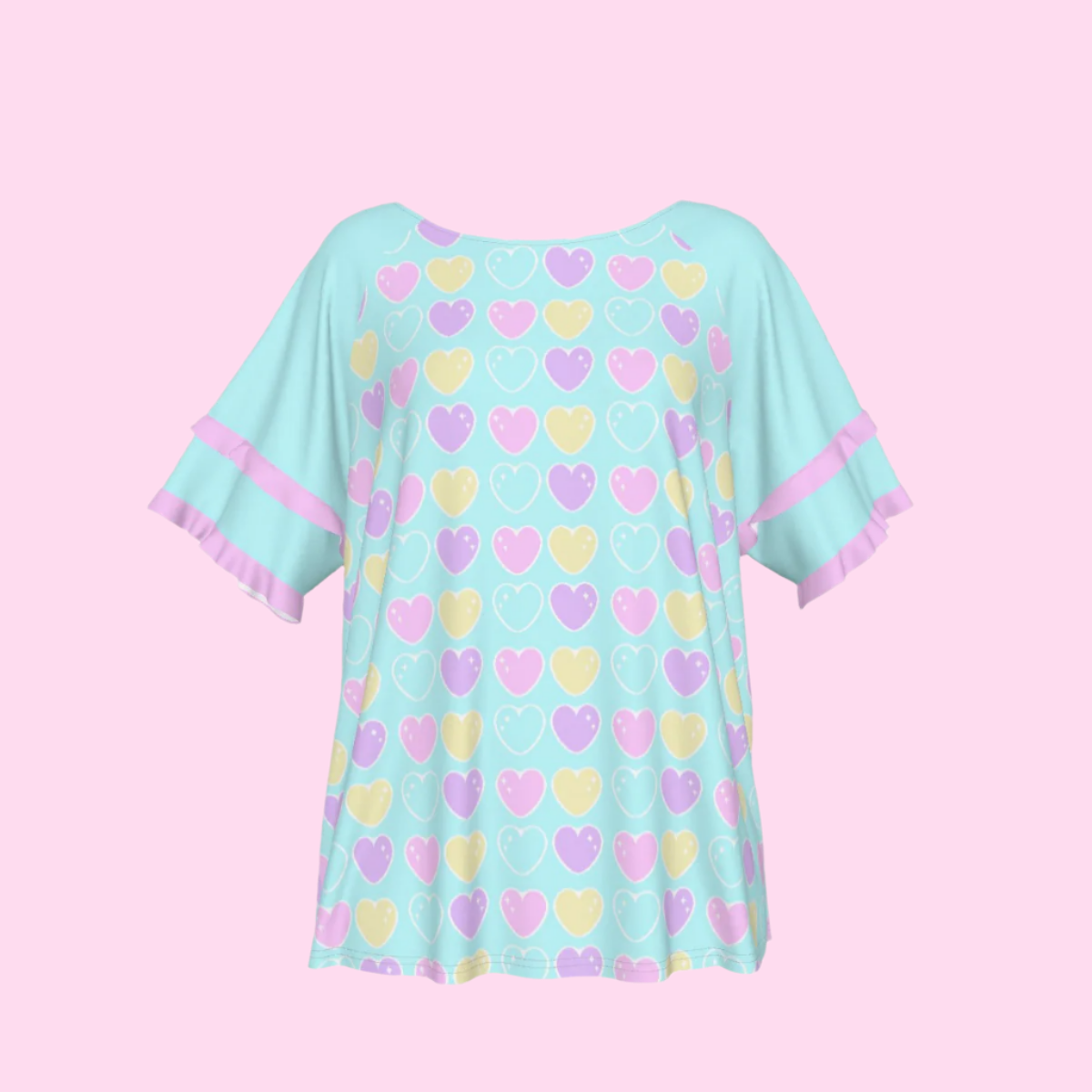 Sweet Love Hearts Blue Round Neck Raglan Sleeve Ruffle Frill T-Shirt