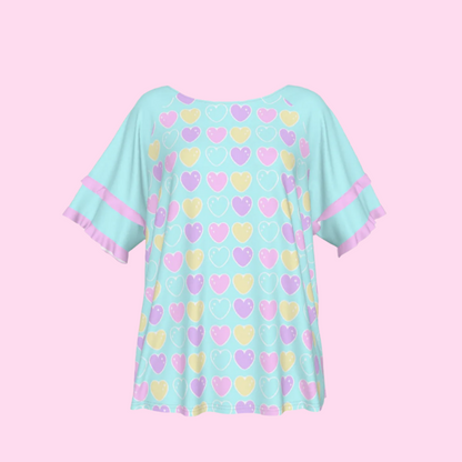 Sweet Love Hearts Blue Round Neck Raglan Sleeve Ruffle Frill T-Shirt