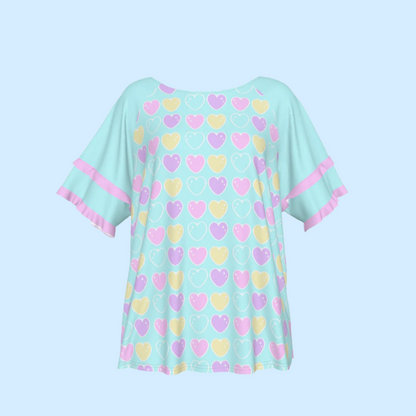 Sweet Love Hearts Blue Round Neck Raglan Sleeve Ruffle Frill T-Shirt