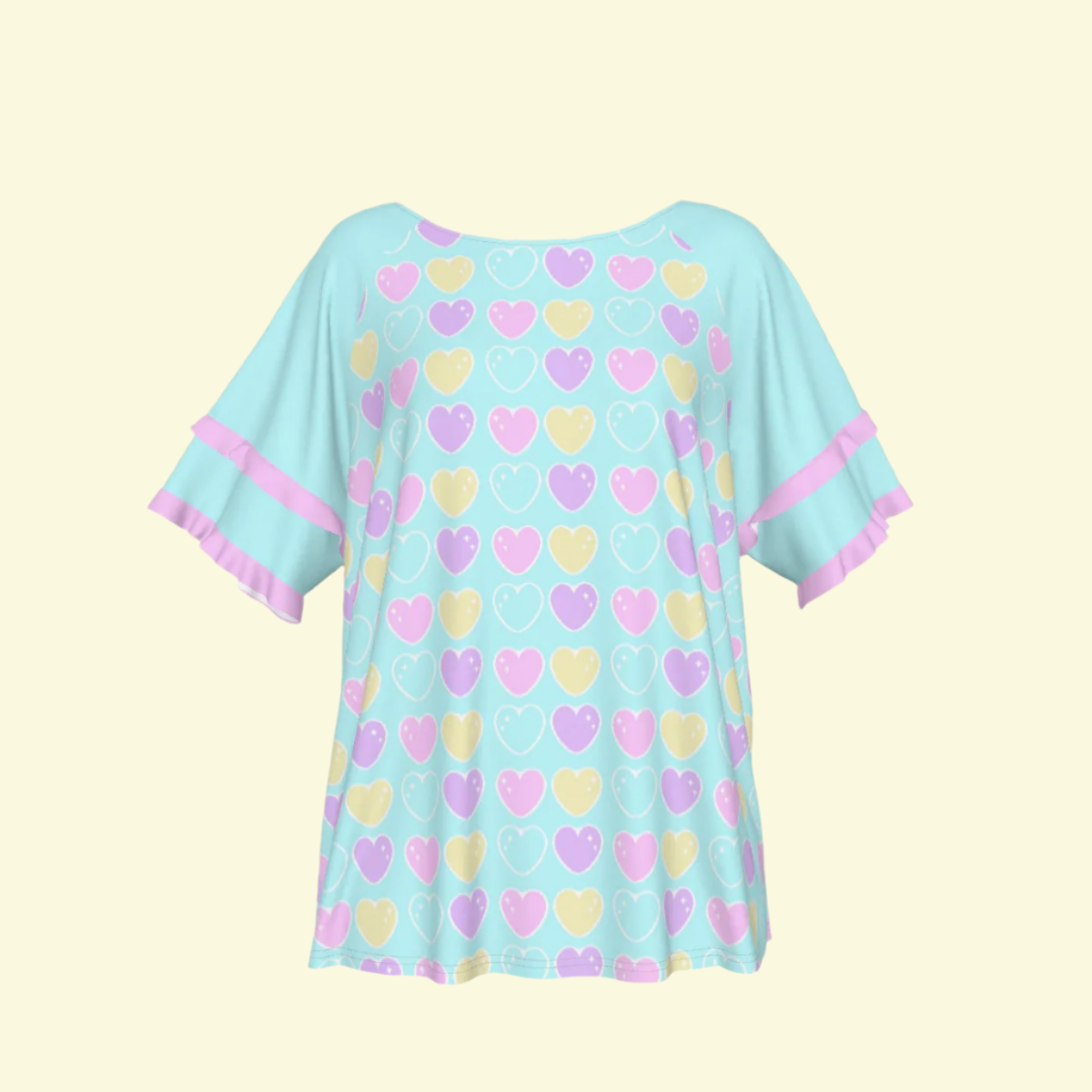 Sweet Love Hearts Blue Round Neck Raglan Sleeve Ruffle Frill T-Shirt