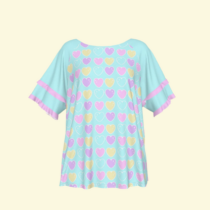 Sweet Love Hearts Blue Round Neck Raglan Sleeve Ruffle Frill T-Shirt