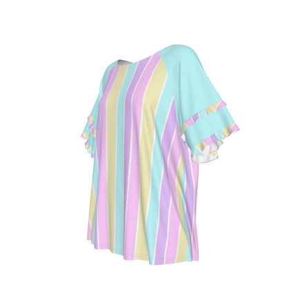 Pastel Stripes Blue Round Neck Raglan Sleeve Ruffle Frill T-Shirt