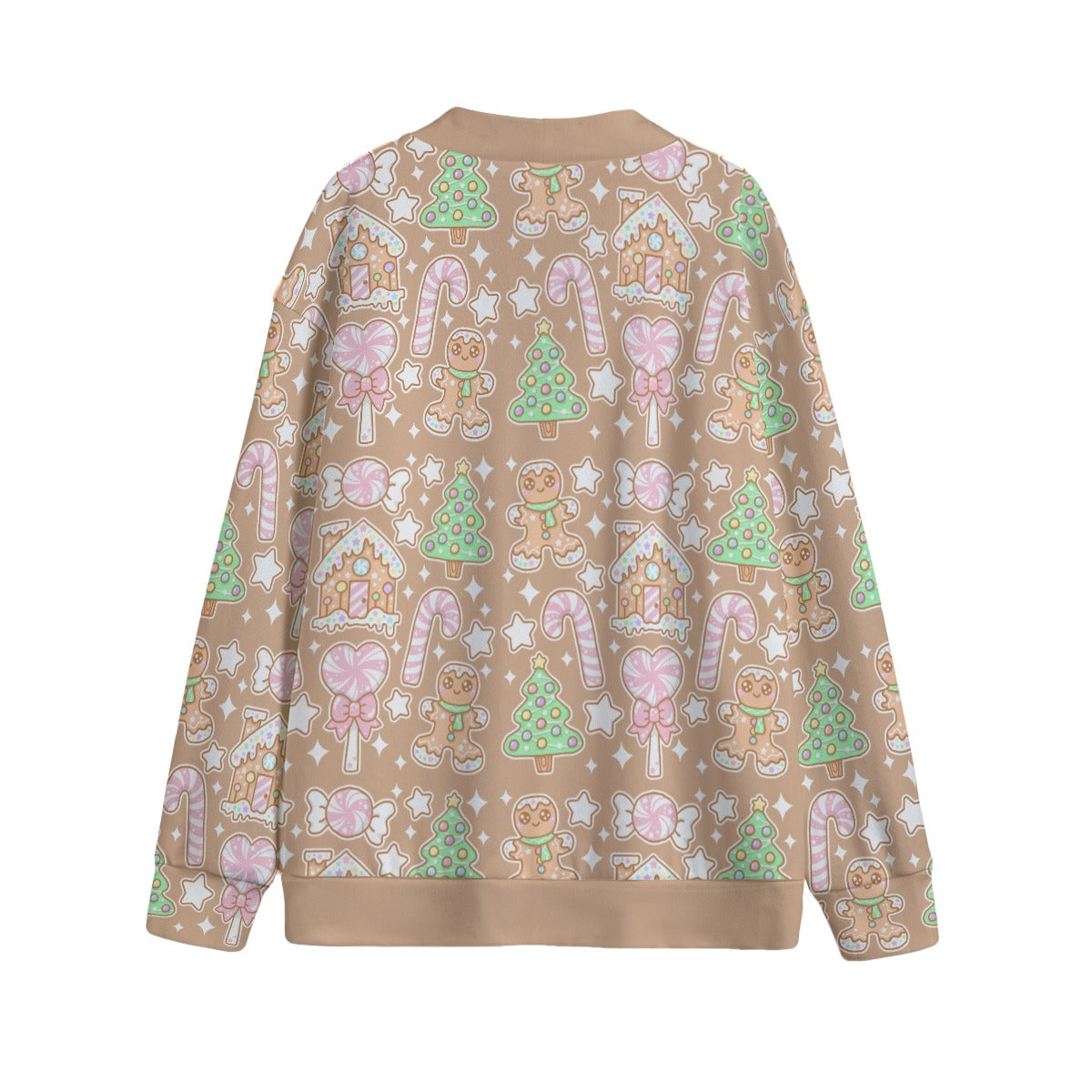 Kawaii Christmas Unisex V-Neck Knitted Fleece Button Up Cardigan With Pockets (Coffee Latte)