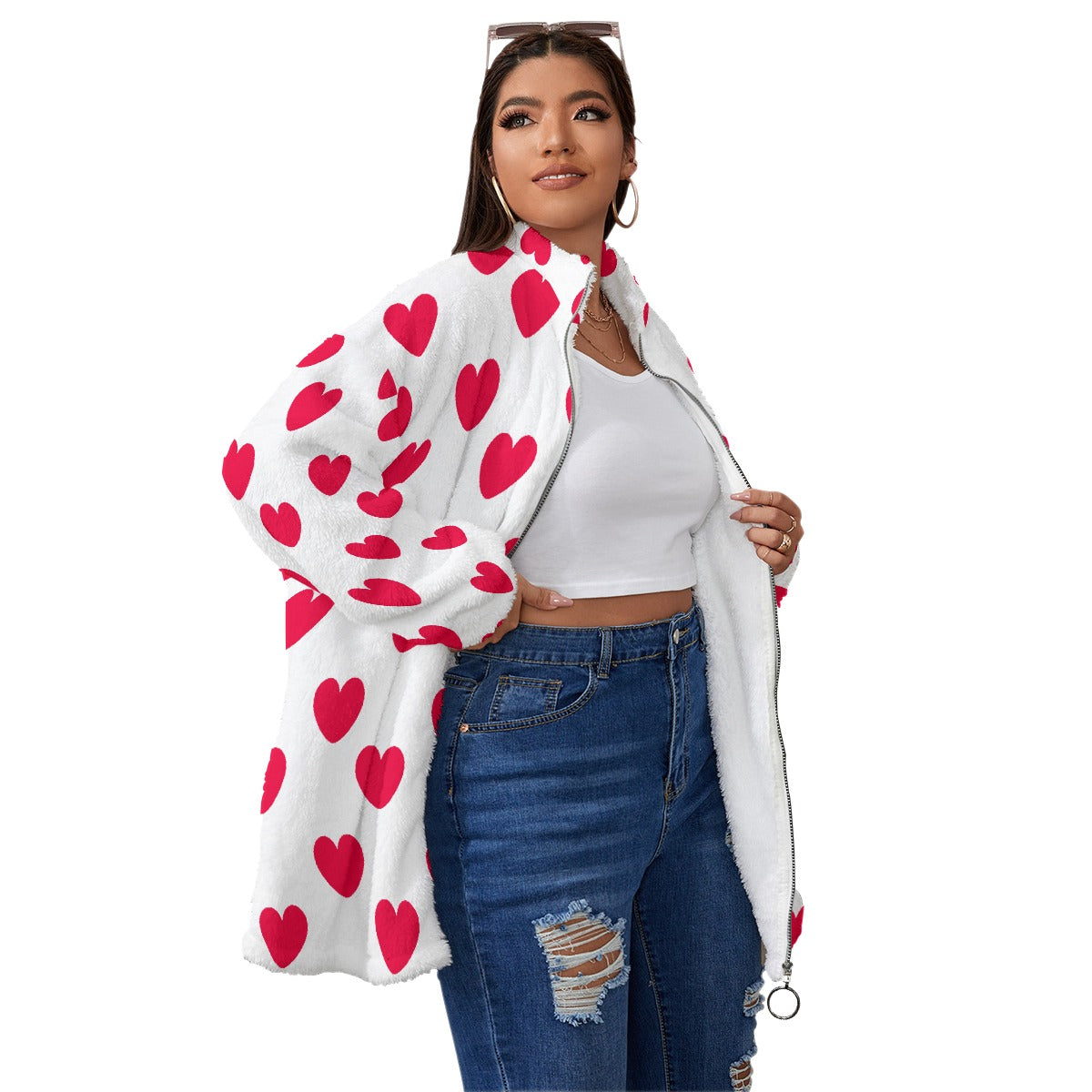 Sweet Love Hearts Oversized Fuzzy Fleece Coat With Zipper (Red x White)