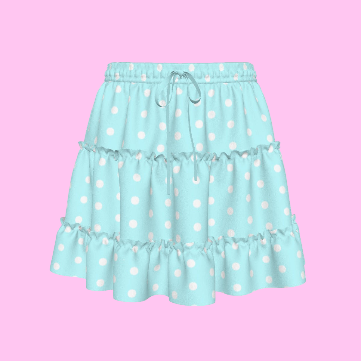 Cutie Polka Dots Aqua Blue Waist Tie Tiered Ruffle Mini Skirt
