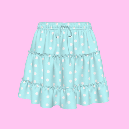 Cutie Polka Dots Aqua Blue Waist Tie Tiered Ruffle Mini Skirt