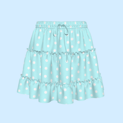 Cutie Polka Dots Aqua Blue Waist Tie Tiered Ruffle Mini Skirt