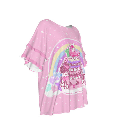 Kawaii Sparkle Cake Round Neck Raglan Sleeve Ruffle Frill T-Shirt