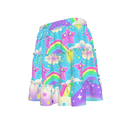 Rainbow Decora Star Waist Tie Tiered Ruffle Mini Skirt