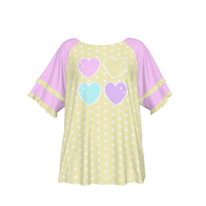 Sweet Love Hearts Yellow Round Neck Raglan Sleeve Ruffle Frill T-Shirt (Polka Dots)
