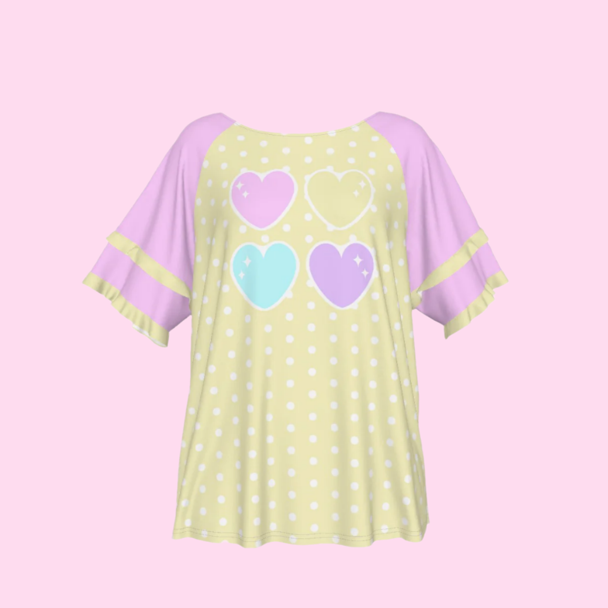 Sweet Love Hearts Yellow Round Neck Raglan Sleeve Ruffle Frill T-Shirt (Polka Dots)