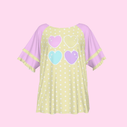 Sweet Love Hearts Yellow Round Neck Raglan Sleeve Ruffle Frill T-Shirt (Polka Dots)