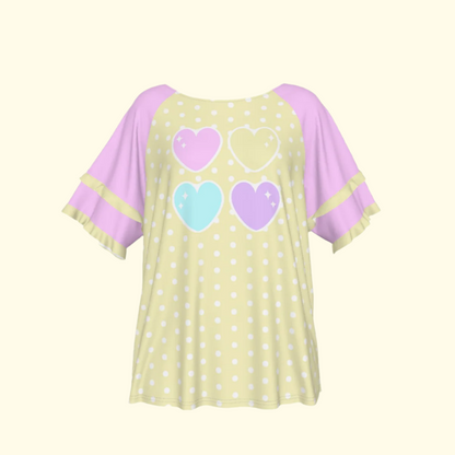 Sweet Love Hearts Yellow Round Neck Raglan Sleeve Ruffle Frill T-Shirt (Polka Dots)