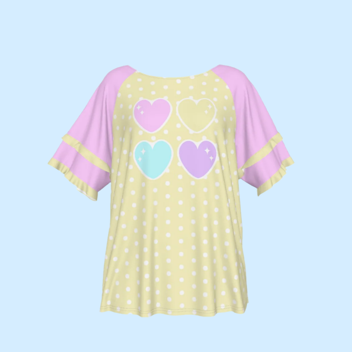 Sweet Love Hearts Yellow Round Neck Raglan Sleeve Ruffle Frill T-Shirt (Polka Dots)