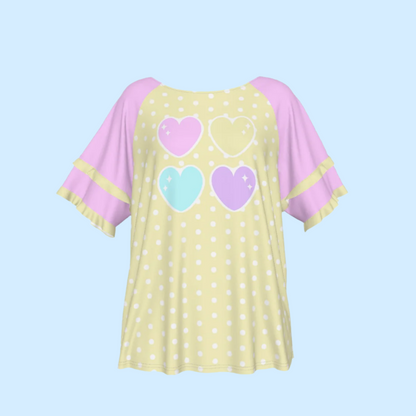 Sweet Love Hearts Yellow Round Neck Raglan Sleeve Ruffle Frill T-Shirt (Polka Dots)