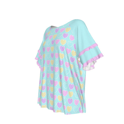 Sweet Love Hearts Blue Round Neck Raglan Sleeve Ruffle Frill T-Shirt
