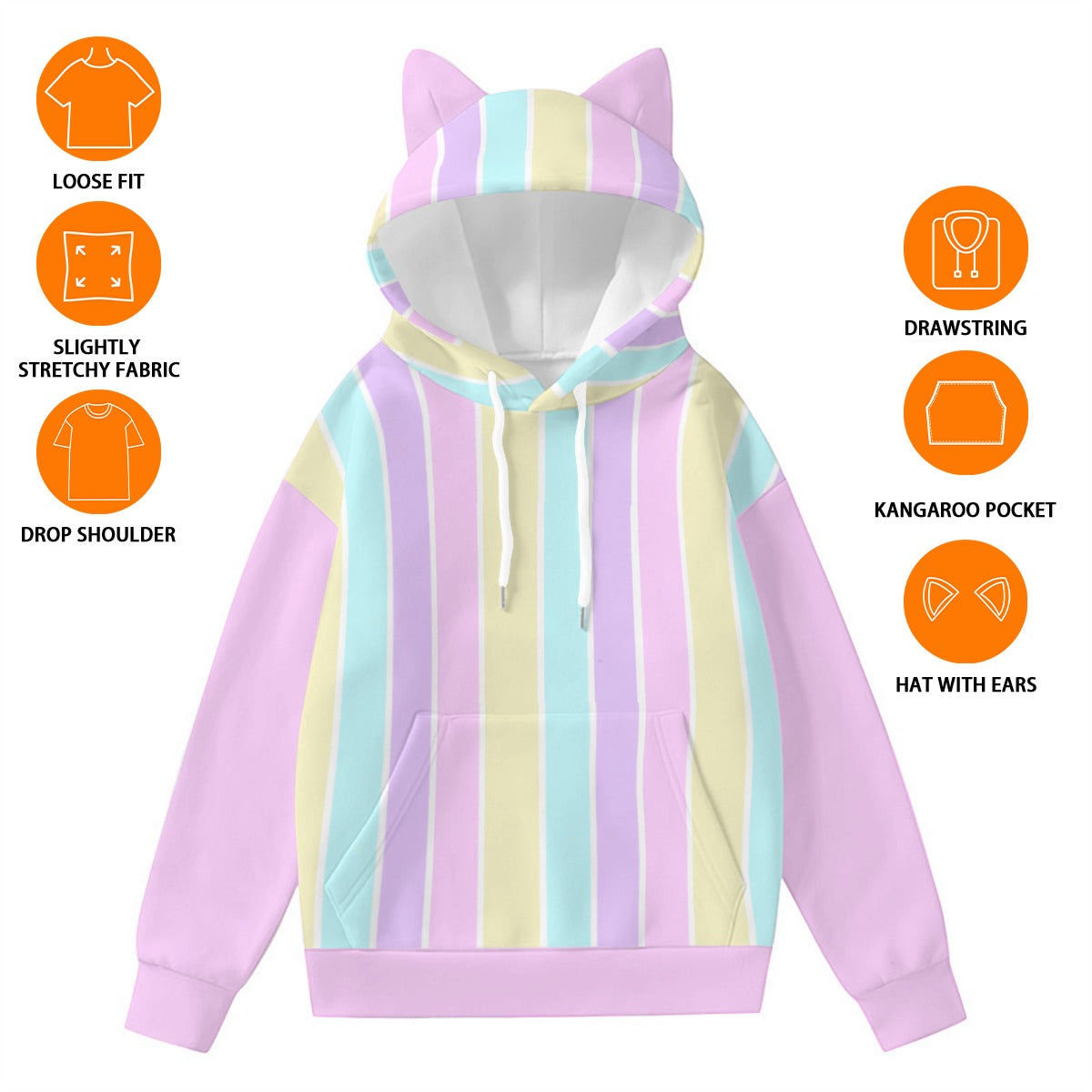 Pastel Stripes Pink Unisex Hoodie With Cat Ears