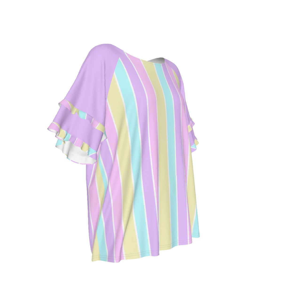Pastel Stripes Purple Round Neck Raglan Sleeve Ruffle Frill T-Shirt