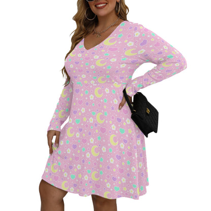 Magical Spring Pink Women's V-Neck Long Sleeve Dress (Plus Size)