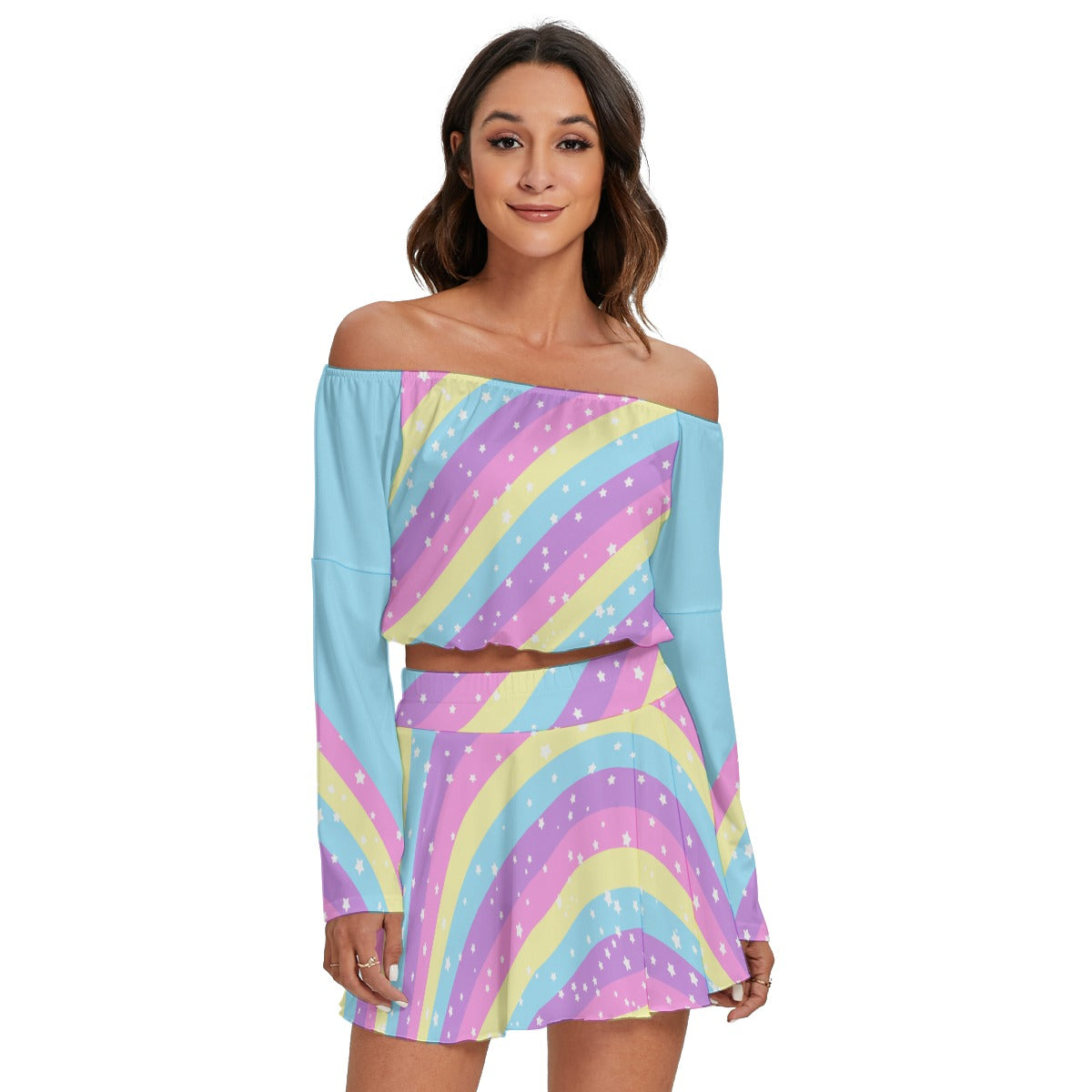Starry Party Rainbow Women's Off The Shoulder Crop Top Blouse And Mini Skirt Set (Blue)