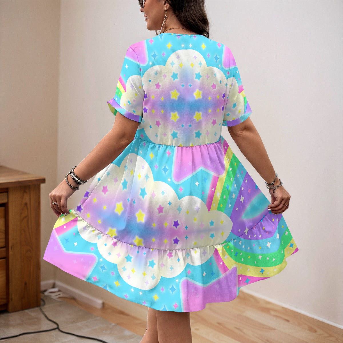 Rainbow Decora Star Women’s Boho Short Sleeve V-Neck Tiered Ruffle Hem Midi Dress