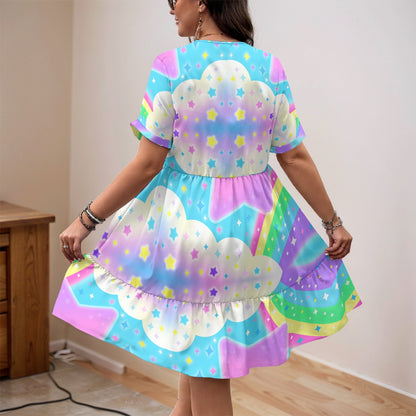 Rainbow Decora Star Women’s Boho Short Sleeve V-Neck Tiered Ruffle Hem Midi Dress
