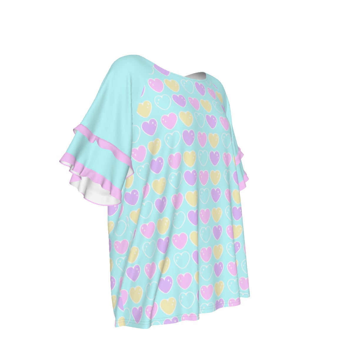 Sweet Love Hearts Blue Round Neck Raglan Sleeve Ruffle Frill T-Shirt