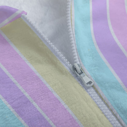 Pastel Stripes Pink Soft Plush Fleece Bunny Ear Zip Up Hoodie With Pockets