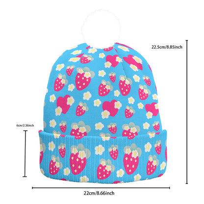 Strawberry Cutie Knitted Beanie Hat With Pom-Pom (Soda Pop Fruity Berry Blue)