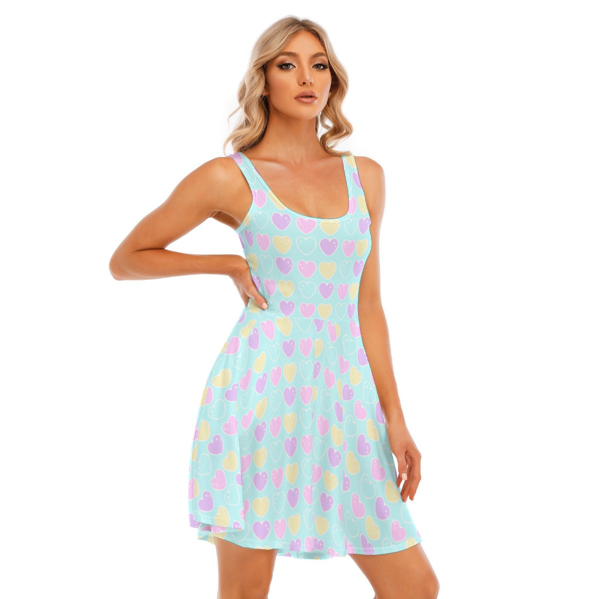 Sweet Love Hearts Blue Skater Dress With Pockets