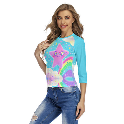 Rainbow Decora Star Women's Raglan 3/4 Sleeve T-shirt (Blue)