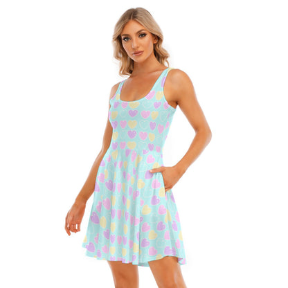 Sweet Love Hearts Blue Skater Dress With Pockets