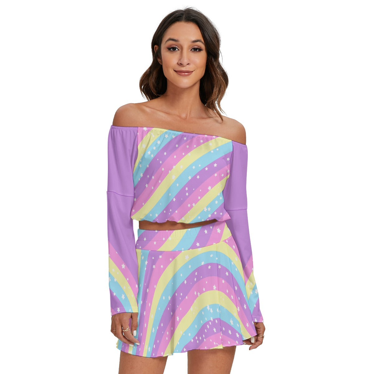 Starry Party Rainbow Women's Off The Shoulder Crop Top Blouse And Mini Skirt Set (Purple)