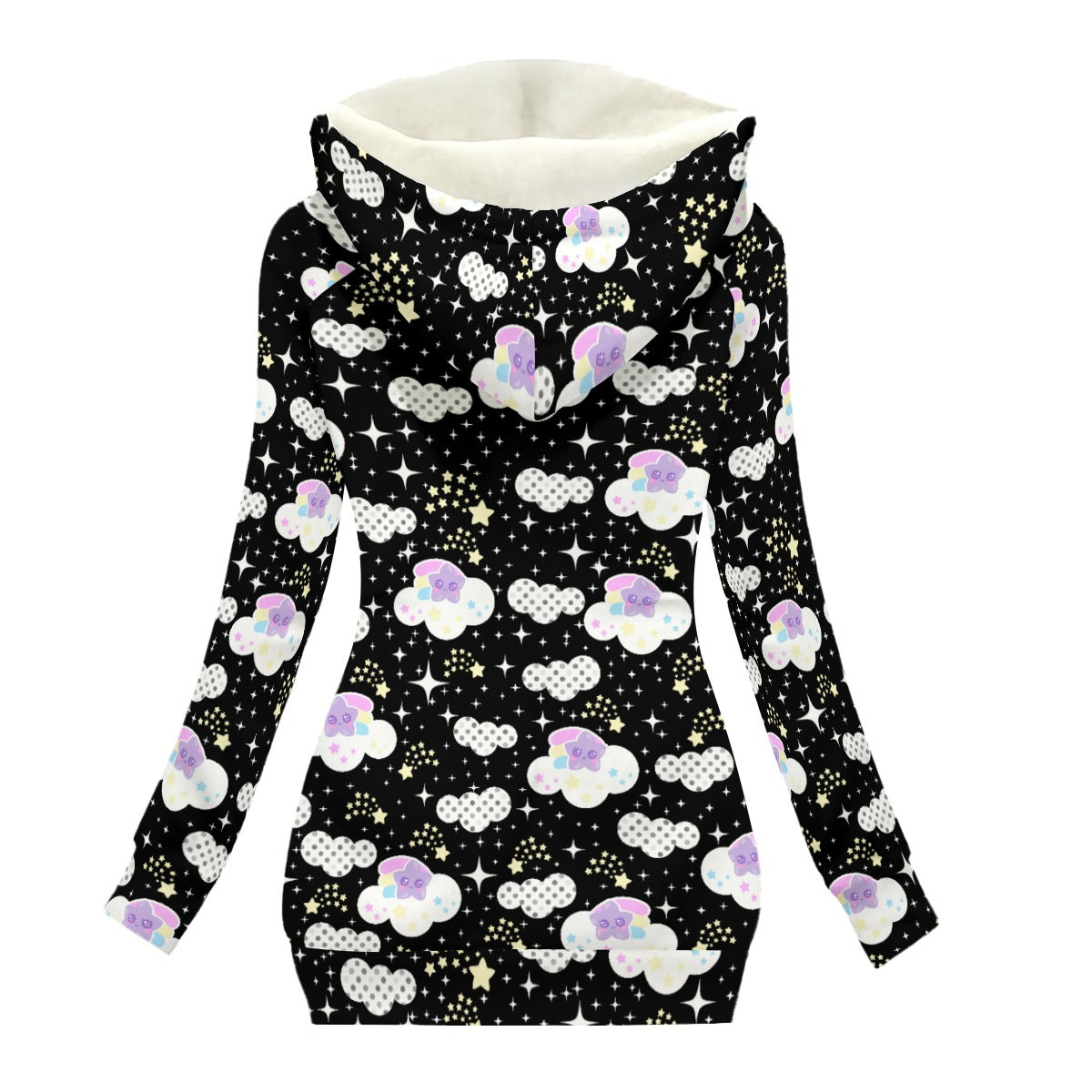 Shooting Star Clouds Women's Oblique Zipper Hoodie Jacket With Fleece Lining (Black)