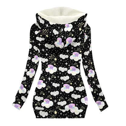 Shooting Star Clouds Women's Oblique Zipper Hoodie Jacket With Fleece Lining (Black)