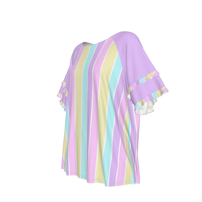 Pastel Stripes Purple Round Neck Raglan Sleeve Ruffle Frill T-Shirt