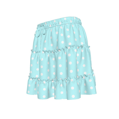 Cutie Polka Dots Aqua Blue Waist Tie Tiered Ruffle Mini Skirt