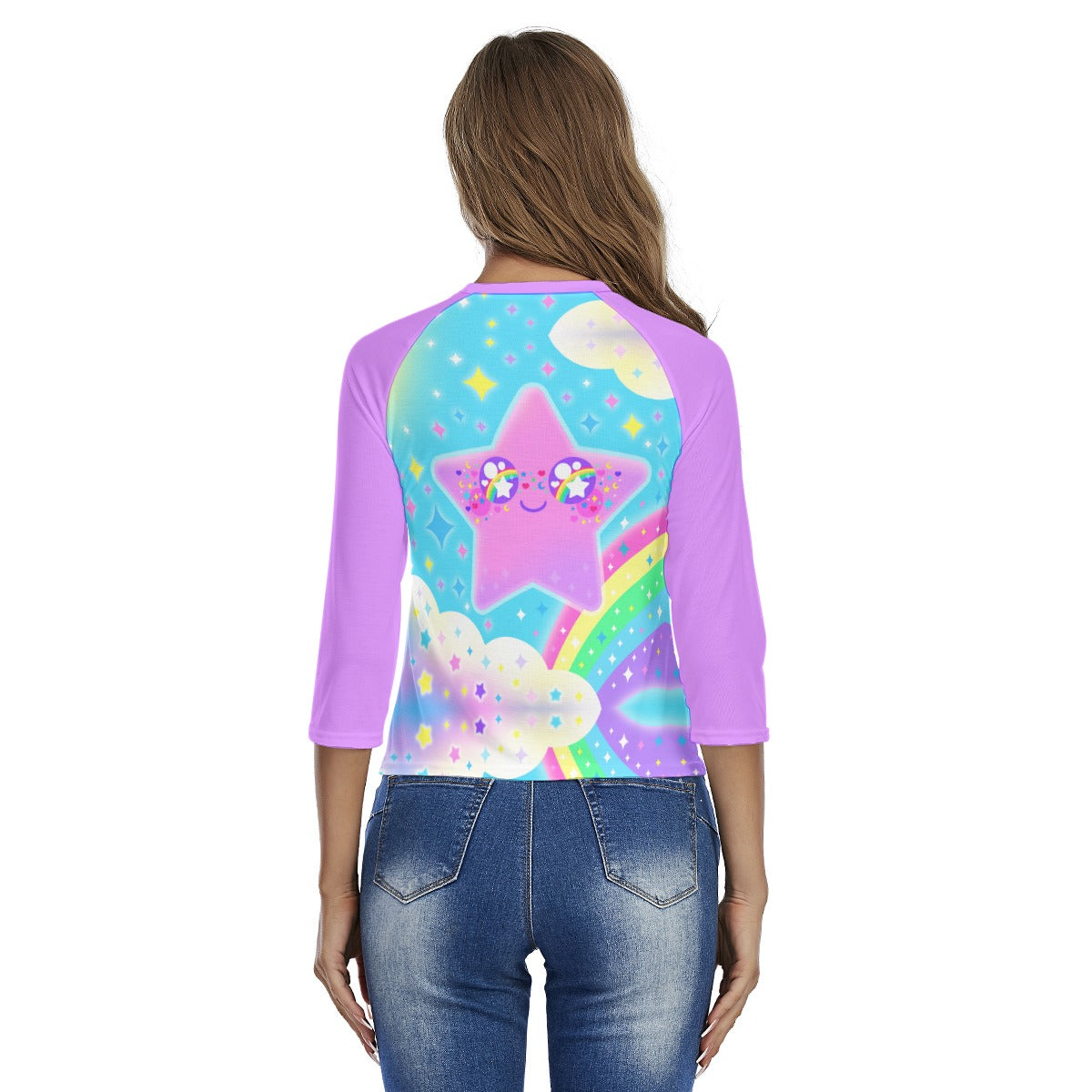 Rainbow Decora Star Women's Raglan 3/4 Sleeve T-shirt (Purple)