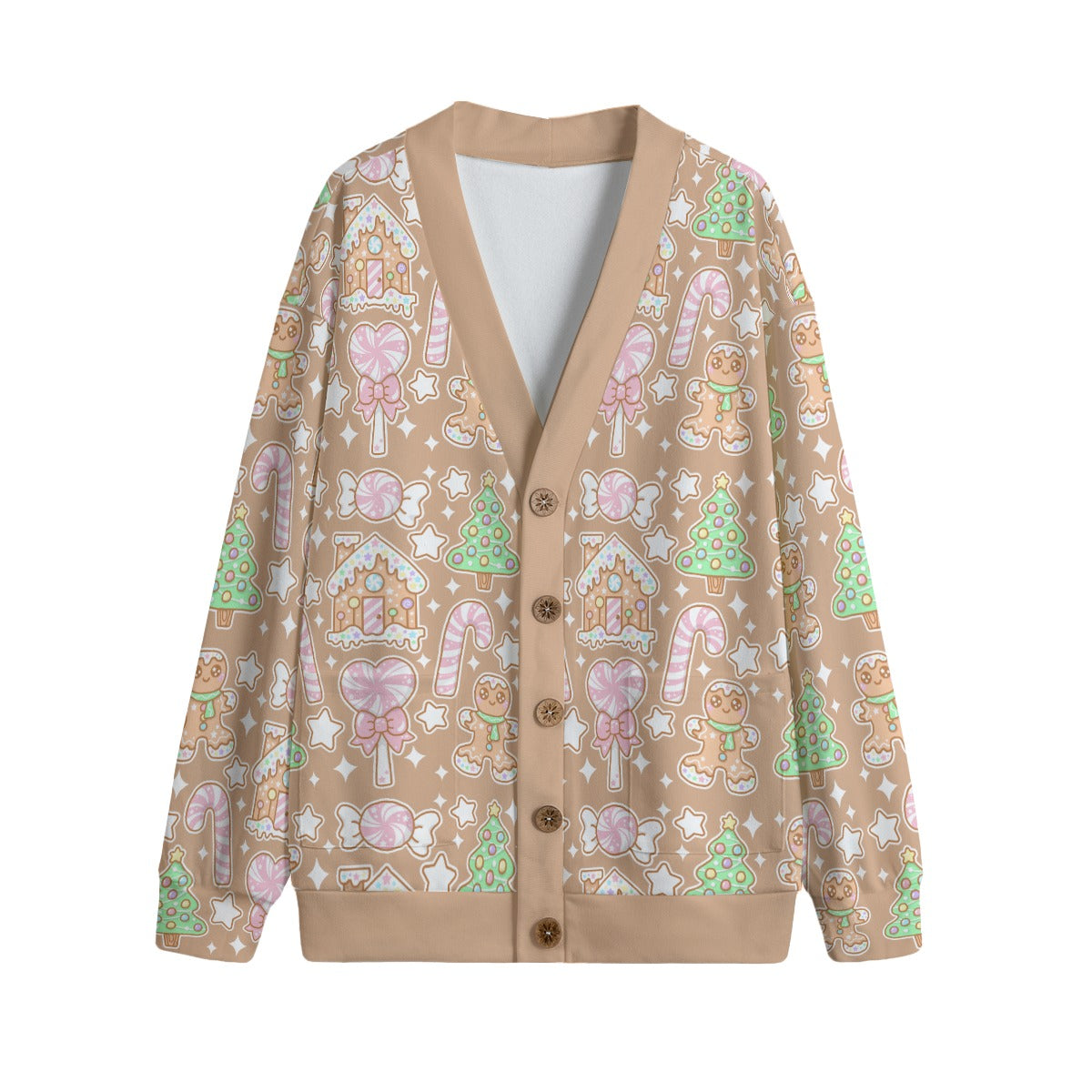 Kawaii Christmas Unisex V-Neck Knitted Fleece Button Up Cardigan With Pockets (Coffee Latte)