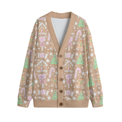 Kawaii Christmas Unisex V-Neck Knitted Fleece Button Up Cardigan With Pockets (Coffee Latte)