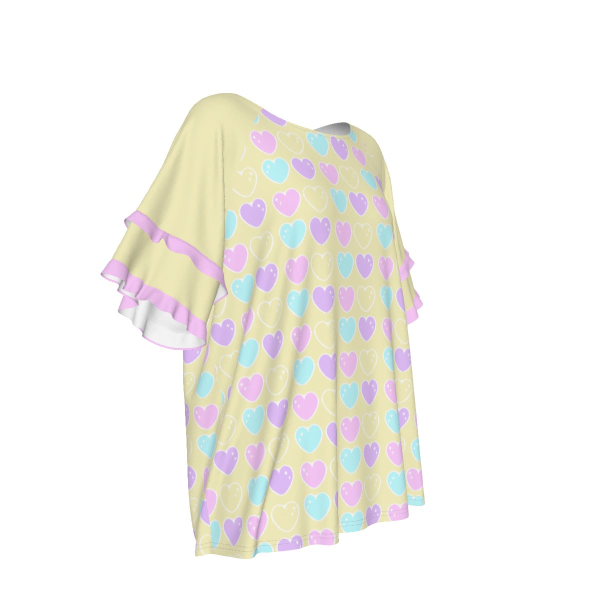 Sweet Love Hearts Yellow Round Neck Raglan Sleeve Ruffle Frill T-Shirt
