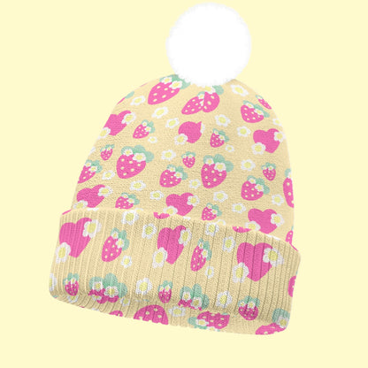 Strawberry Cutie Knitted Beanie Hat With Pom-Pom (Fruity Berry Yellow)