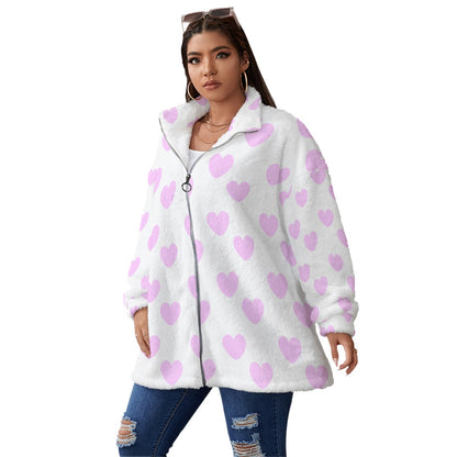 Sweet Love Hearts Oversized Fuzzy Fleece Coat With Zipper (Pink x White)