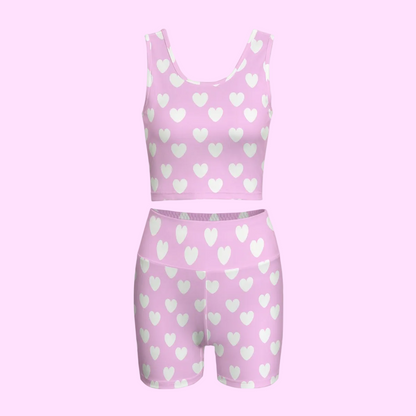 Sweet Love Hearts Women's Crop Top & Yoga Shorts Set (White x Pink)