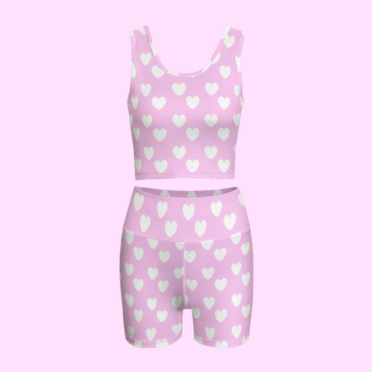 Sweet Love Hearts Women's Crop Top & Yoga Shorts Set (White x Pink)