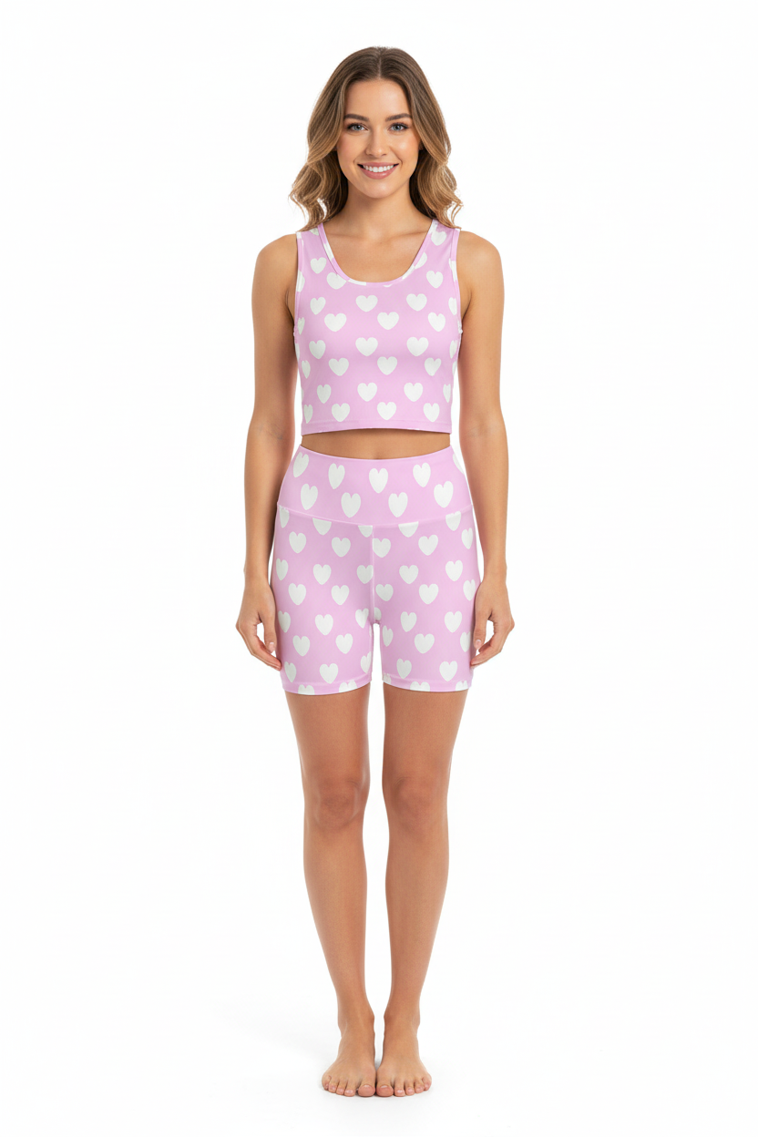 Sweet Love Hearts Women's Crop Top & Yoga Shorts Set (White x Pink)