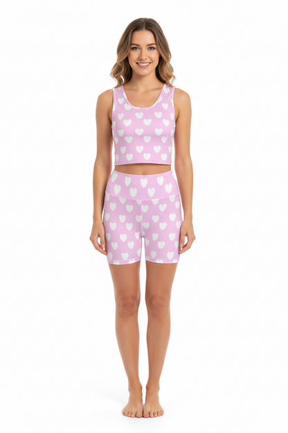 Sweet Love Hearts Women's Crop Top & Yoga Shorts Set (White x Pink)