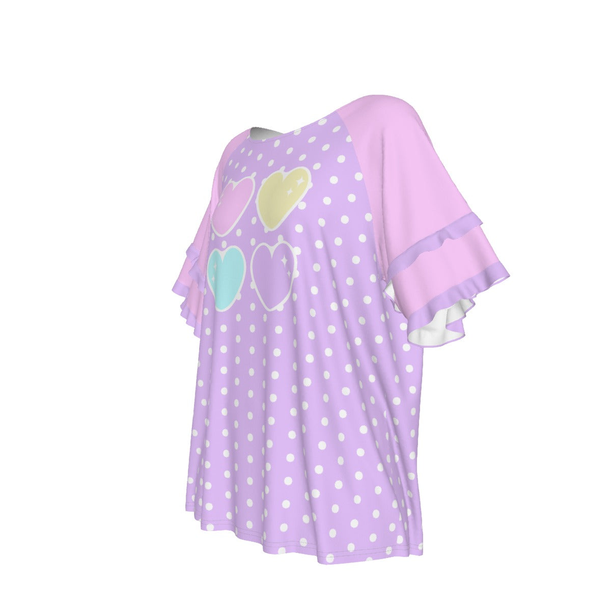 Sweet Love Hearts Purple Round Neck Raglan Sleeve Ruffle Frill T-Shirt (Polka Dots)